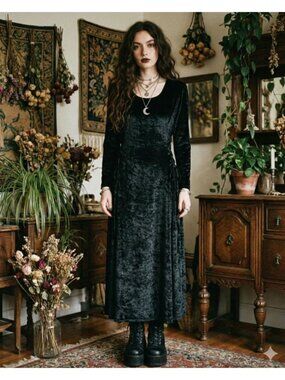 Vintage 1990s Grunge Black Velvet Midi Dress Side Tie Corset Witchy Vampy Large